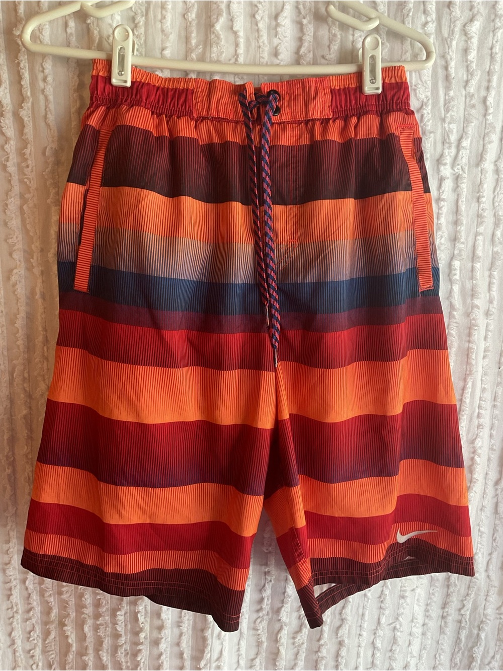 Nike Men’s VIBRANT Orange Red Striped Swim Trunks /STREET Wear Sz.S.
